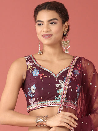 Burgundy Net Multi colour Thread & Sequinse Work Semi-Stitched Lehenga & Unstitched Blouse, Dupatta Clothsvilla