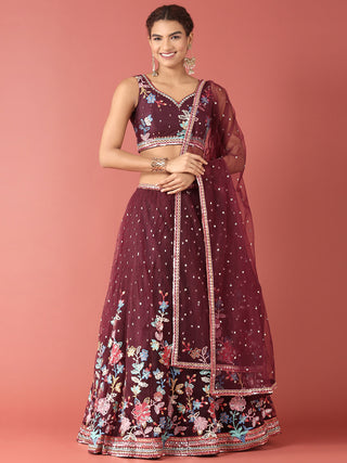 Burgundy Net Multi colour Thread & Sequinse Work Semi-Stitched Lehenga & Unstitched Blouse, Dupatta Clothsvilla