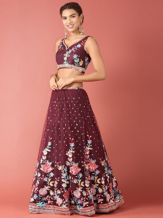 Burgundy Net Multi colour Thread & Sequinse Work Semi-Stitched Lehenga & Unstitched Blouse, Dupatta Clothsvilla