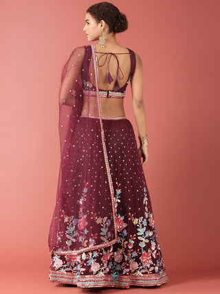 Burgundy Net Multi colour Thread & Sequinse Work Semi-Stitched Lehenga & Unstitched Blouse, Dupatta Clothsvilla