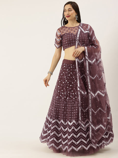 Burgundy Net Semi Stitched Coding, Sequins and Mirror work Lehenga Choli Clothsvilla Main image