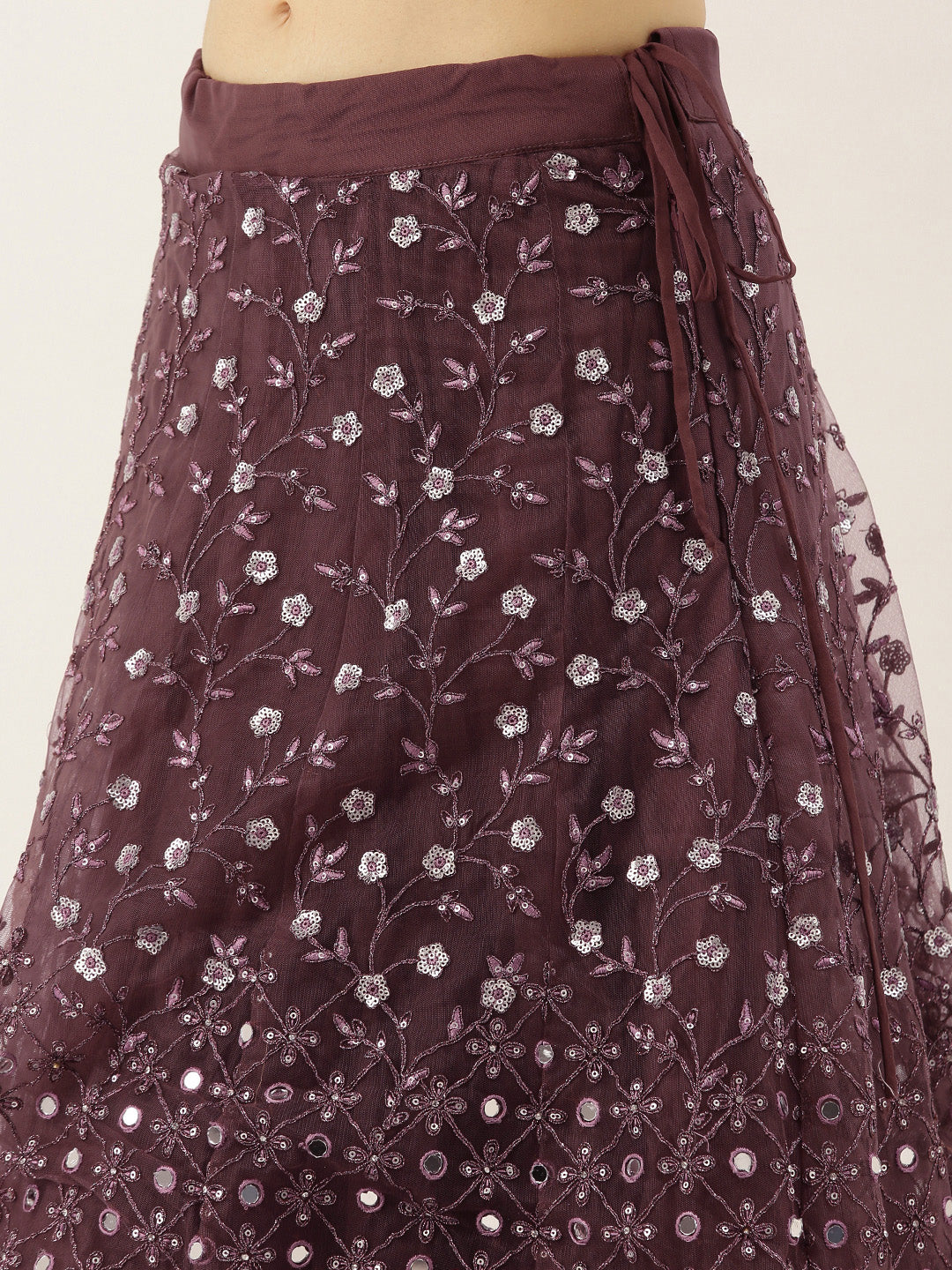 Burgundy Net Semi Stitched Coding, Sequins and Mirror work Lehenga Choli Clothsvilla