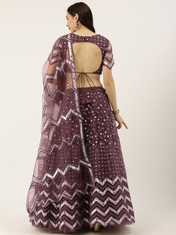 Burgundy Net Semi Stitched Coding, Sequins and Mirror work Lehenga Choli Clothsvilla