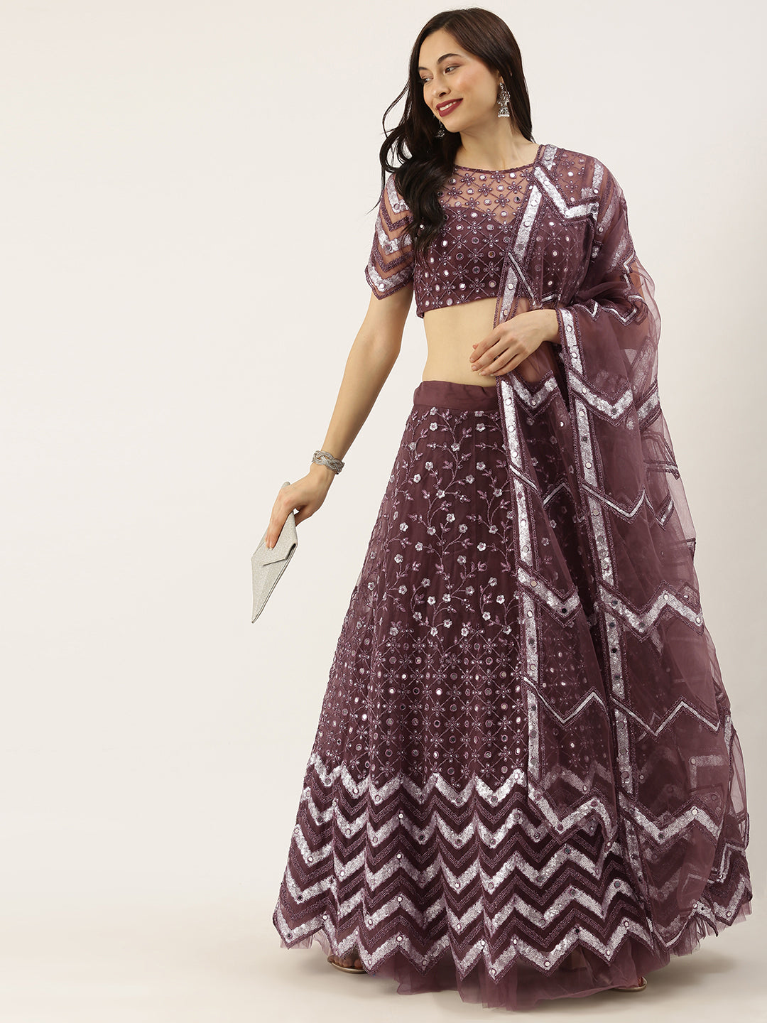 Burgundy Net Semi Stitched Coding, Sequins and Mirror work Lehenga Choli Clothsvilla