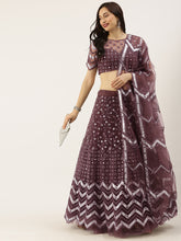 Load image into Gallery viewer, Burgundy Net Semi Stitched Coding, Sequins and Mirror work Lehenga Choli Clothsvilla