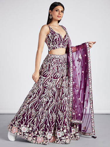 Burgundy Net Sequins and thread embroidery Semi-Stitched Lehenga choli & Dupatta ClothsVilla