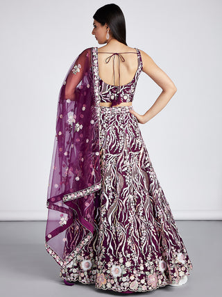 Burgundy Net Sequins and thread embroidery Semi-Stitched Lehenga choli & Dupatta ClothsVilla