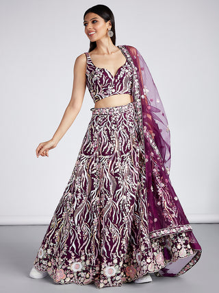 Burgundy Net Sequins and thread embroidery Semi-Stitched Lehenga choli & Dupatta ClothsVilla