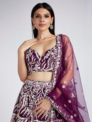 Burgundy Net Sequins and thread embroidery Semi-Stitched Lehenga choli & Dupatta ClothsVilla