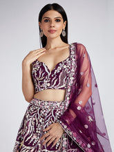 Load image into Gallery viewer, Burgundy Net Sequins and thread embroidery Semi-Stitched Lehenga choli &amp; Dupatta ClothsVilla