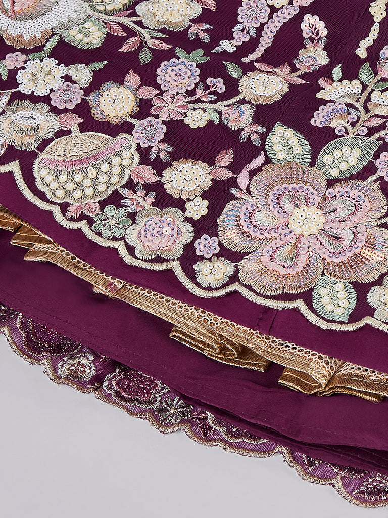 Burgundy Net Sequins and thread embroidery Semi-Stitched Lehenga choli & Dupatta ClothsVilla
