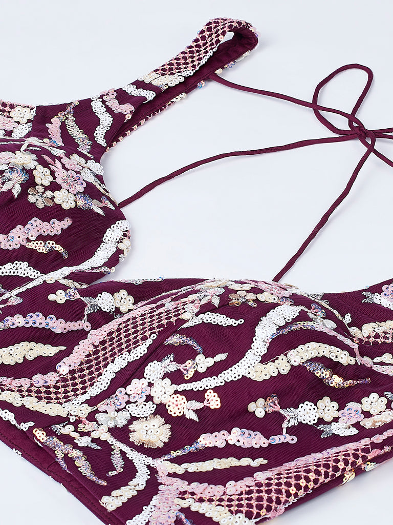 Burgundy Net Sequins and thread embroidery Semi-Stitched Lehenga choli & Dupatta ClothsVilla