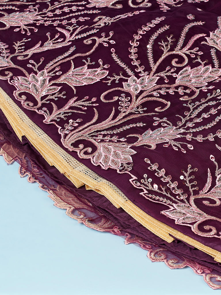 Burgundy Net Sequinse Work Semi-Stitched Lehenga & Unstitched Blouse, Dupatta Clothsvilla