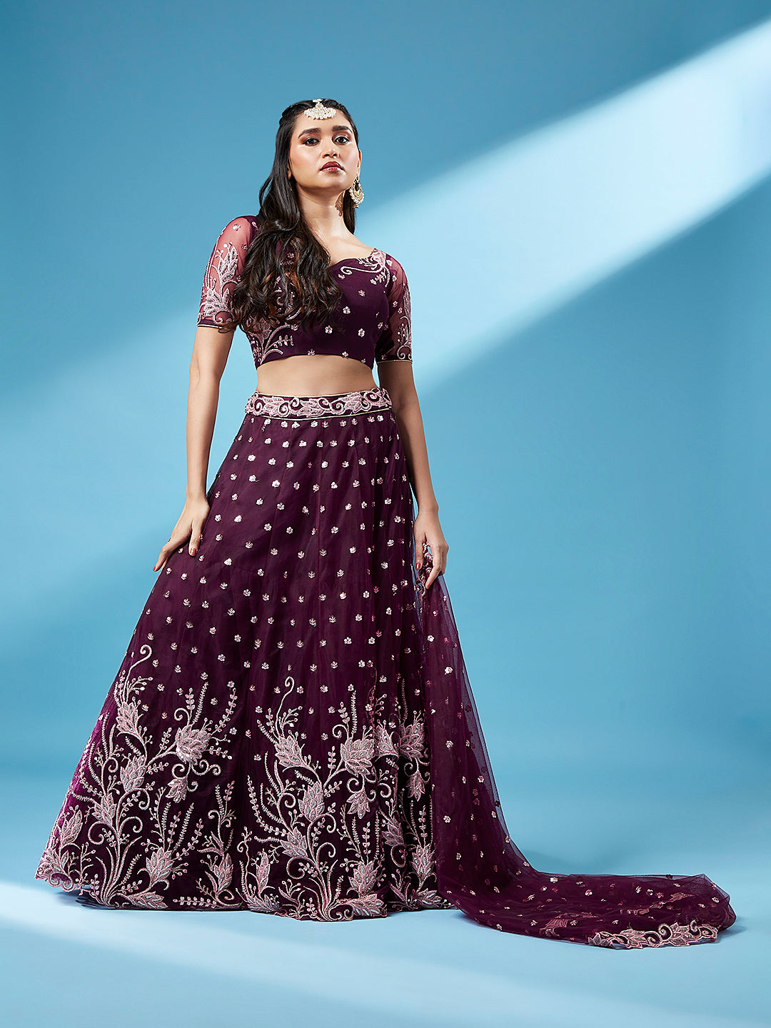 Burgundy Net Sequinse Work Semi-Stitched Lehenga & Unstitched Blouse, Dupatta Clothsvilla