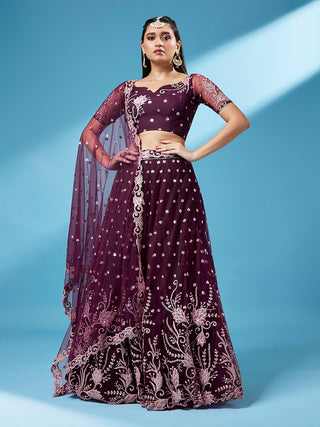 Burgundy Net Sequinse Work Semi-Stitched Lehenga & Unstitched Blouse, Dupatta Clothsvilla