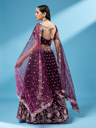 Burgundy Net Sequinse Work Semi-Stitched Lehenga & Unstitched Blouse, Dupatta Clothsvilla