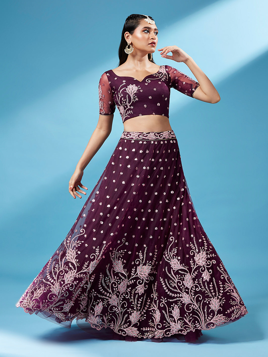 Burgundy Net Sequinse Work Semi-Stitched Lehenga & Unstitched Blouse, Dupatta Clothsvilla