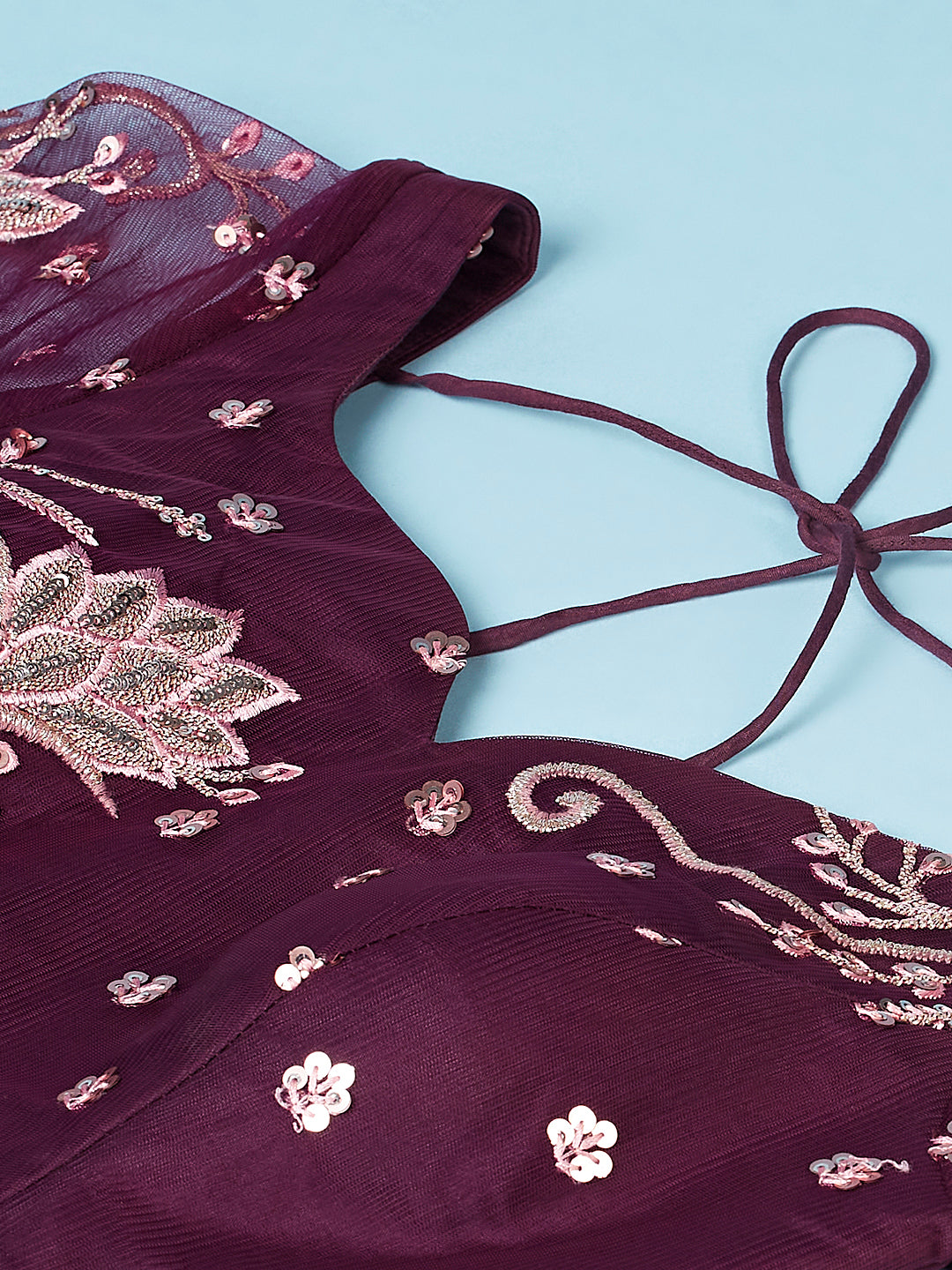 Burgundy Net Sequinse Work Semi-Stitched Lehenga & Unstitched Blouse, Dupatta Clothsvilla