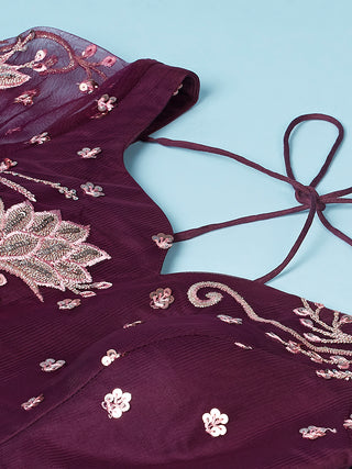 Burgundy Net Sequinse Work Semi-Stitched Lehenga & Unstitched Blouse, Dupatta Clothsvilla