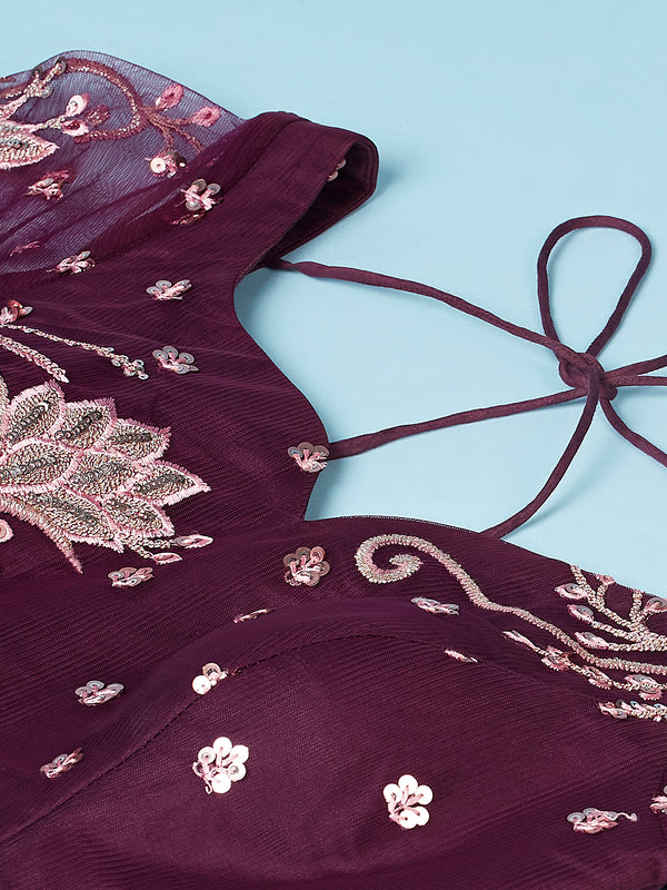 Burgundy Net Sequinse Work Semi-Stitched Lehenga & Unstitched Blouse, Dupatta Clothsvilla