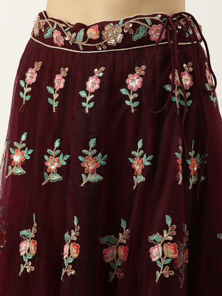 Burgundy Net Sequinse Work Semi-Stitched Lehenga & Unstitched Blouse, Dupatta Clothsvilla
