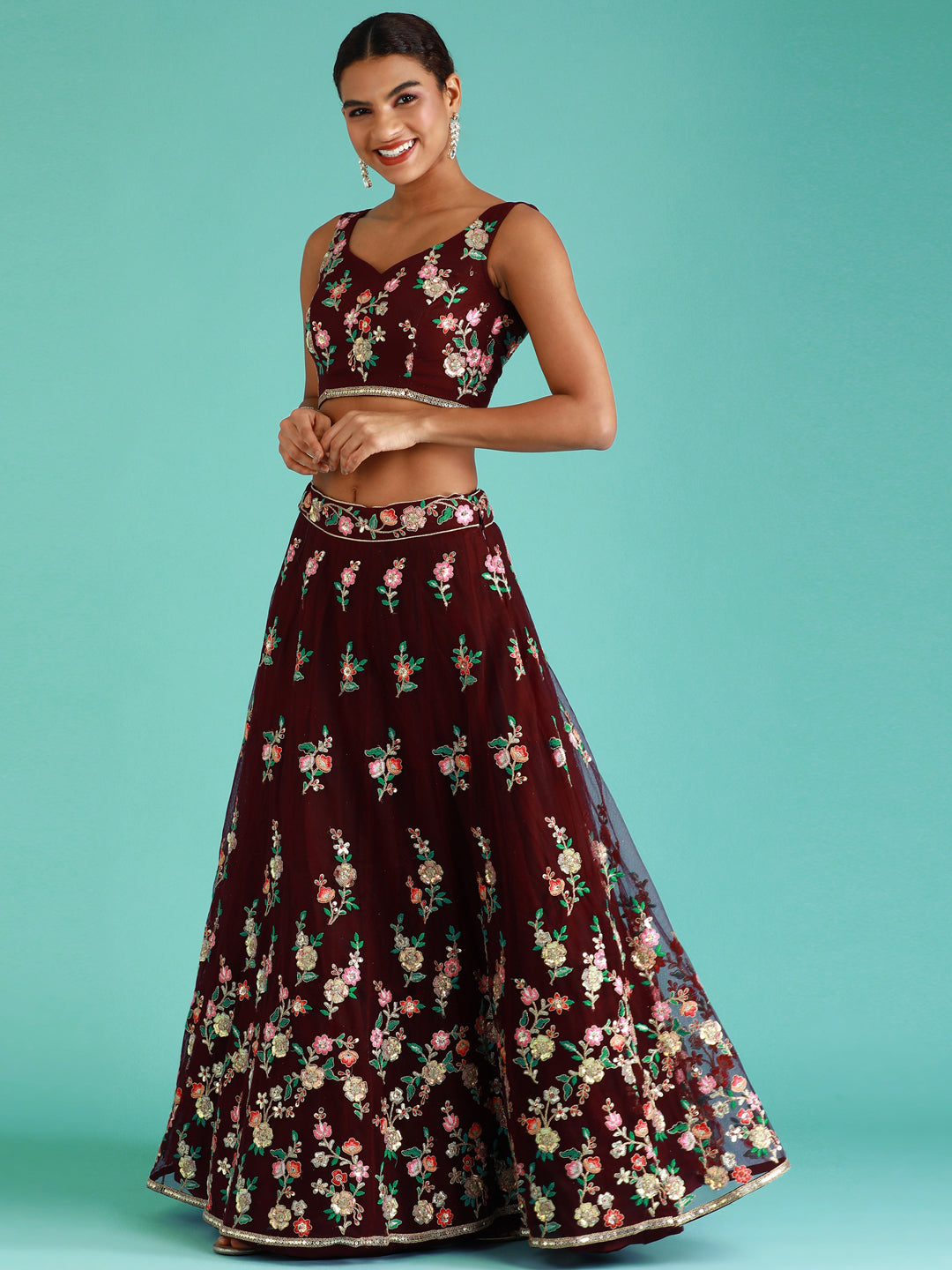 Burgundy Net Sequinse Work Semi-Stitched Lehenga & Unstitched Blouse, Dupatta Clothsvilla