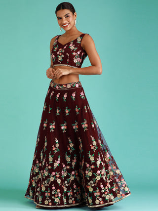 Burgundy Net Sequinse Work Semi-Stitched Lehenga & Unstitched Blouse, Dupatta Clothsvilla