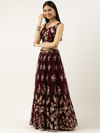 Burgundy Net Sequinse Work Semi-Stitched Lehenga & Unstitched Blouse, Dupatta Clothsvilla
