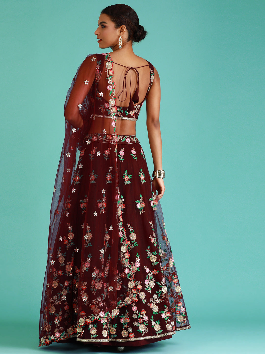 Burgundy Net Sequinse Work Semi-Stitched Lehenga & Unstitched Blouse, Dupatta Clothsvilla