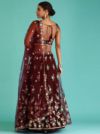 Burgundy Net Sequinse Work Semi-Stitched Lehenga & Unstitched Blouse, Dupatta Clothsvilla