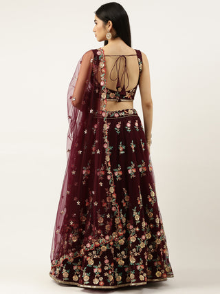 Burgundy Net Sequinse Work Semi-Stitched Lehenga & Unstitched Blouse, Dupatta Clothsvilla
