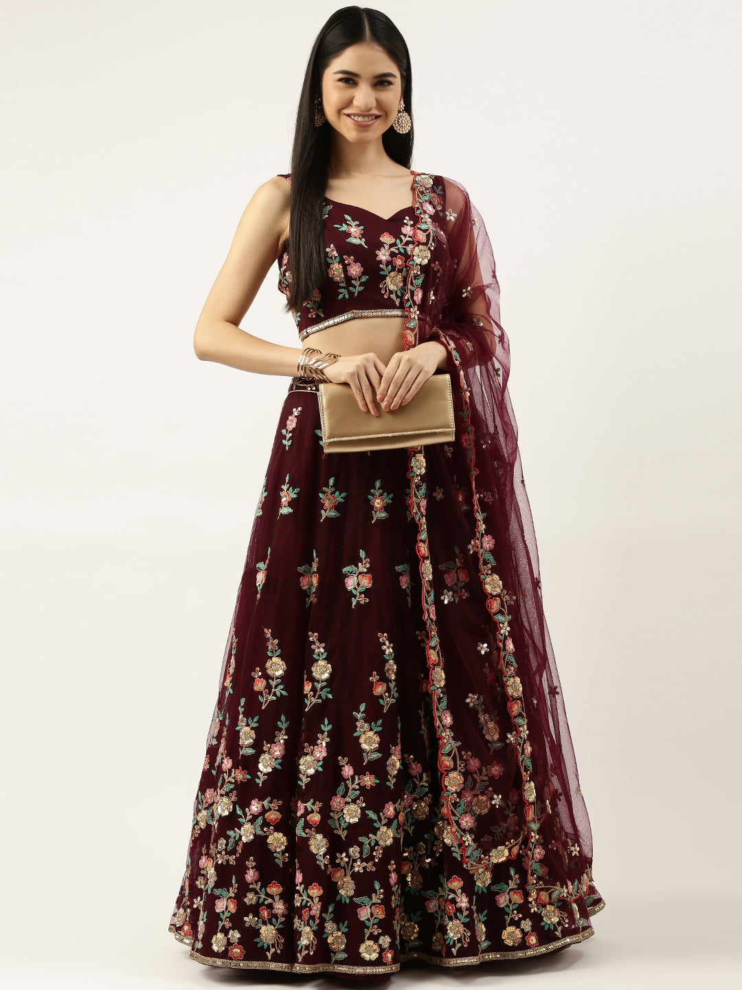 Burgundy Net Sequinse Work Semi-Stitched Lehenga & Unstitched Blouse, Dupatta Clothsvilla
