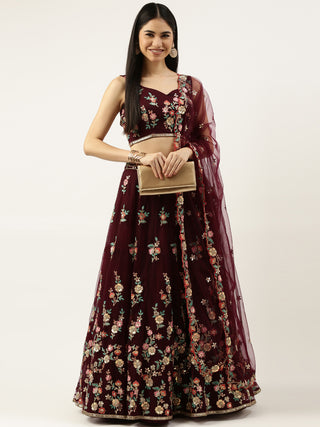 Burgundy Net Sequinse Work Semi-Stitched Lehenga & Unstitched Blouse, Dupatta Clothsvilla