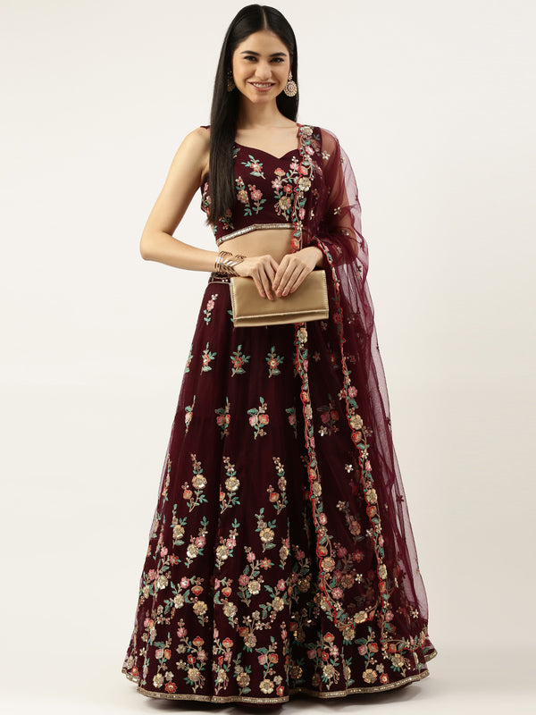 Burgundy Net Sequinse Work Semi-Stitched Lehenga & Unstitched Blouse, Dupatta Clothsvilla