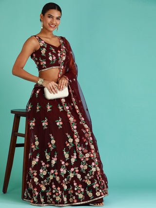 Burgundy Net Sequinse Work Semi-Stitched Lehenga & Unstitched Blouse, Dupatta Clothsvilla