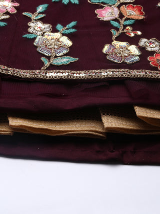 Burgundy Net Sequinse Work Semi-Stitched Lehenga & Unstitched Blouse, Dupatta Clothsvilla