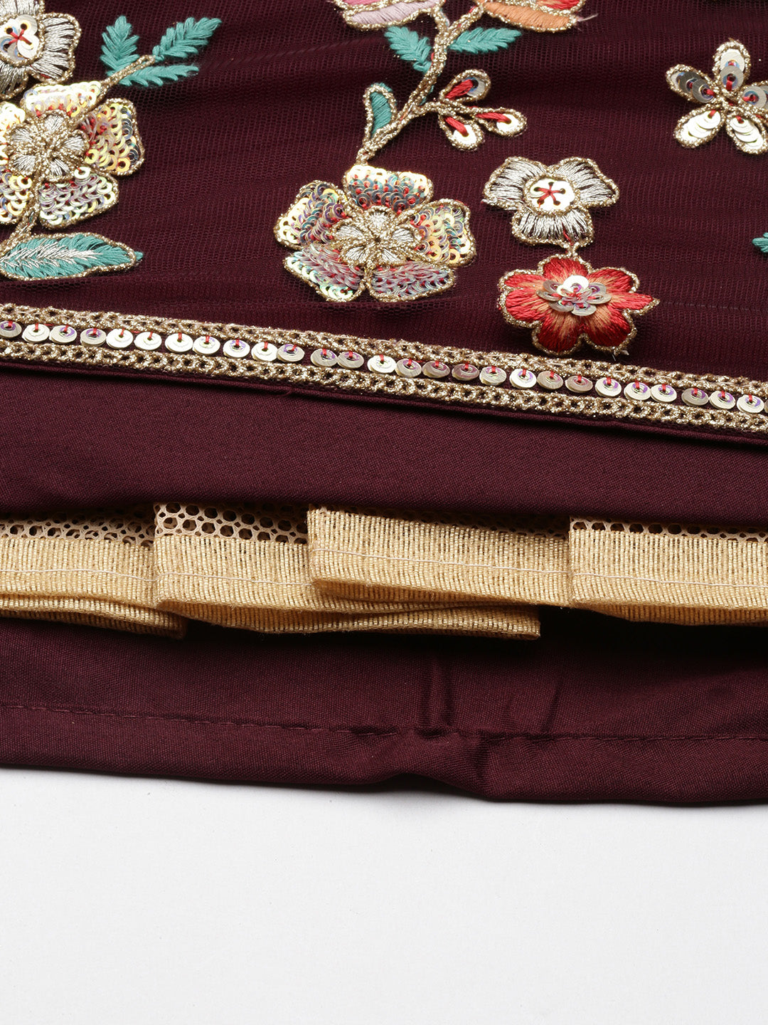 Burgundy Net Sequinse Work Semi-Stitched Lehenga & Unstitched Blouse, Dupatta Clothsvilla