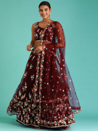 Burgundy Net Sequinse Work Semi-Stitched Lehenga & Unstitched Blouse, Dupatta Clothsvilla