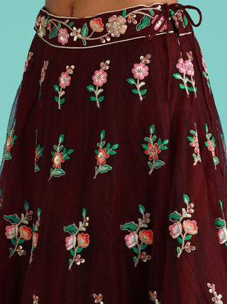 Burgundy Net Sequinse Work Semi-Stitched Lehenga & Unstitched Blouse, Dupatta Clothsvilla