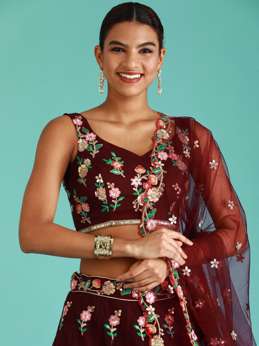 Burgundy Net Sequinse Work Semi-Stitched Lehenga & Unstitched Blouse, Dupatta Clothsvilla