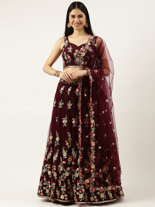 Burgundy Net Sequinse Work Semi-Stitched Lehenga & Unstitched Blouse, Dupatta Clothsvilla