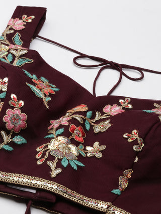 Burgundy Net Sequinse Work Semi-Stitched Lehenga & Unstitched Blouse, Dupatta Clothsvilla