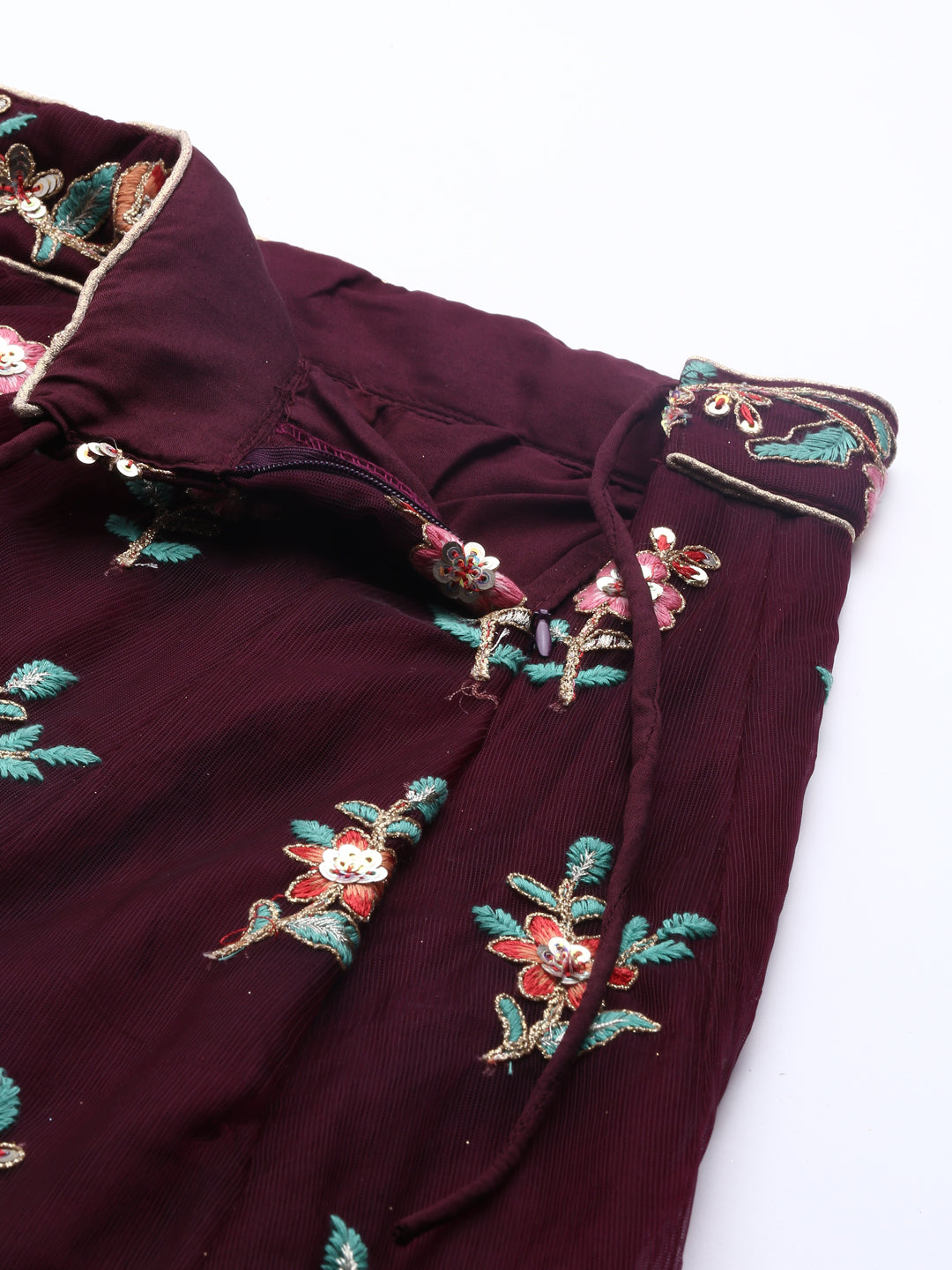 Burgundy Net Sequinse Work Semi-Stitched Lehenga & Unstitched Blouse, Dupatta Clothsvilla