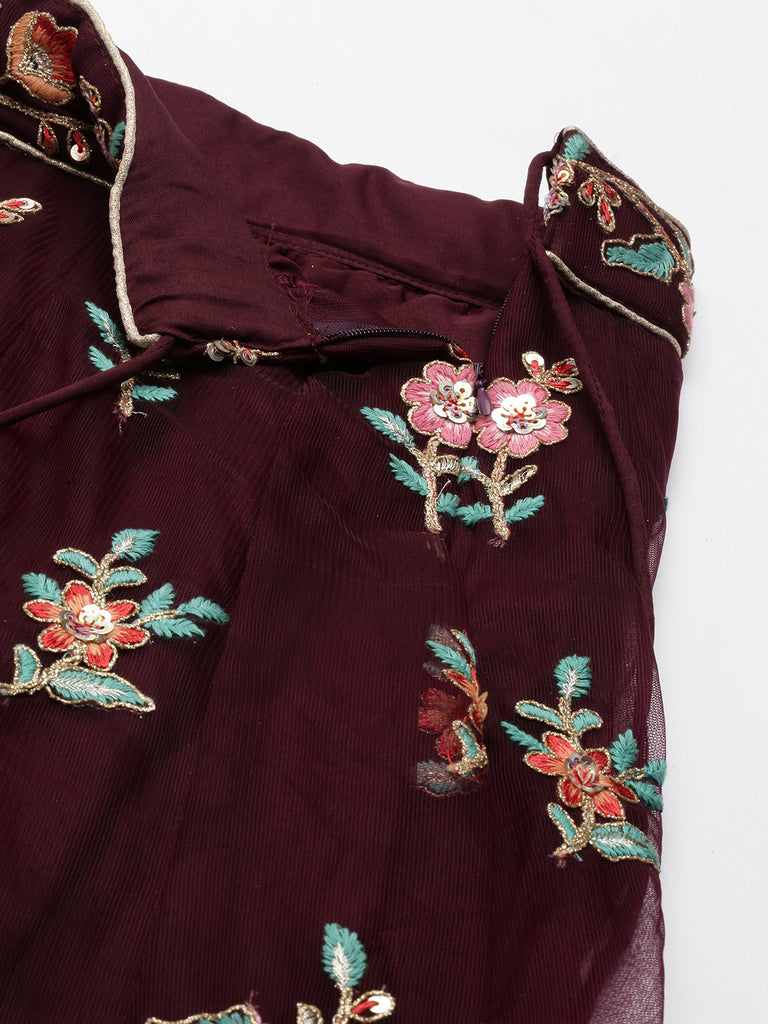 Burgundy Net Sequinse Work Semi-Stitched Lehenga & Unstitched Blouse, Dupatta Clothsvilla