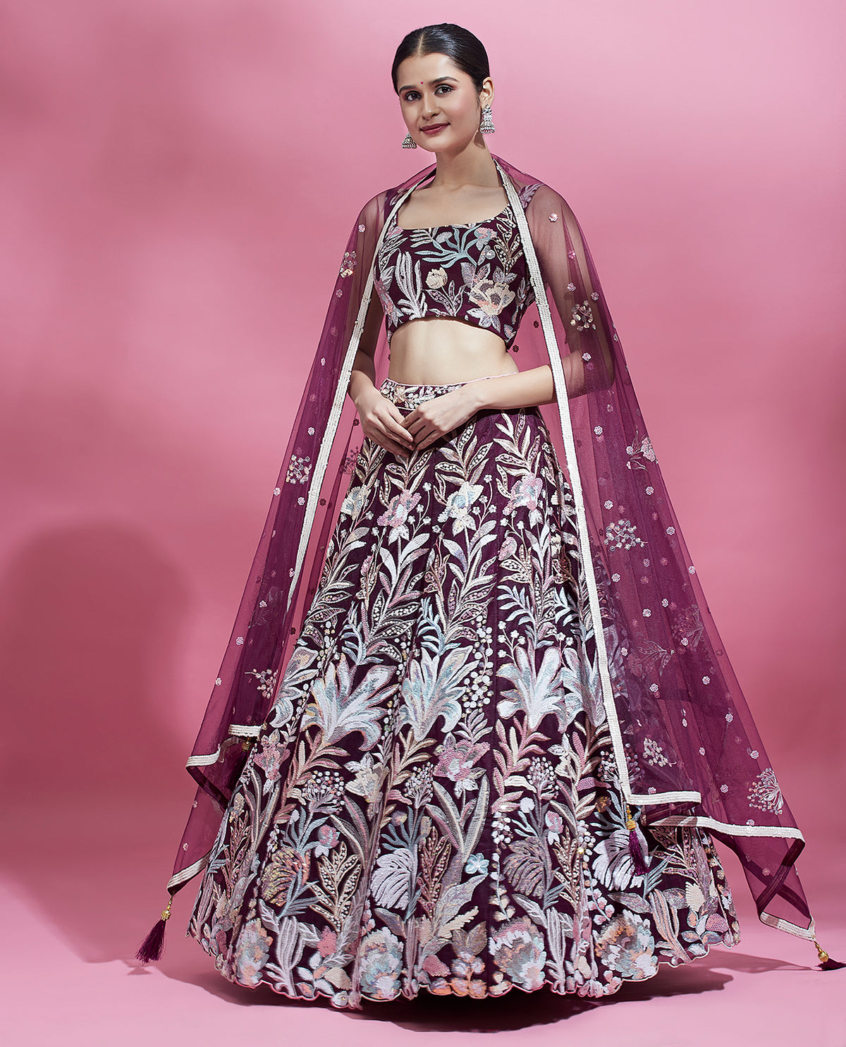 Burgundy Net Sequinse Work Semi-Stitched Lehenga & Unstitched Blouse with Dupatta ClothsVilla Main image