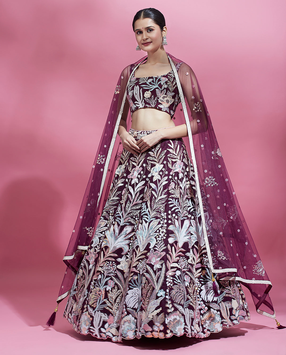 Burgundy Net Sequinse Work Semi-Stitched Lehenga & Unstitched Blouse with Dupatta ClothsVilla Main image