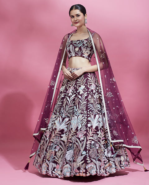 Burgundy Net Sequinse Work Semi-Stitched Lehenga & Unstitched Blouse with Dupatta ClothsVilla Main image