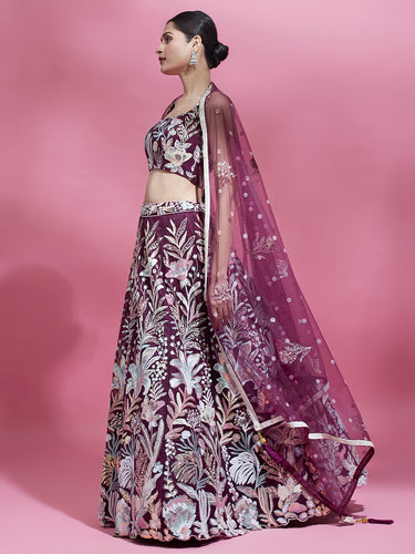 Burgundy Net Sequinse Work Semi-Stitched Lehenga & Unstitched Blouse with Dupatta ClothsVilla