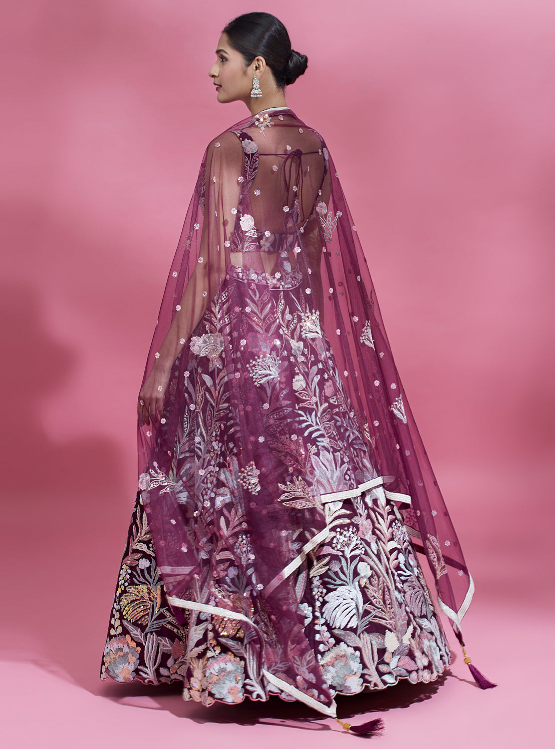 Burgundy Net Sequinse Work Semi-Stitched Lehenga & Unstitched Blouse with Dupatta ClothsVilla