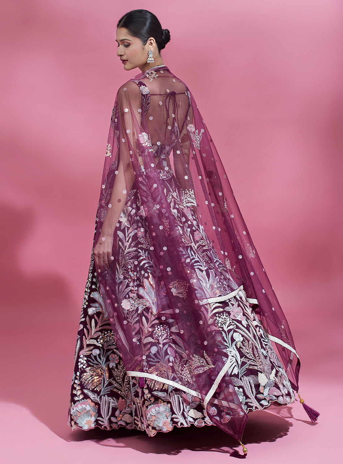 Burgundy Net Sequinse Work Semi-Stitched Lehenga & Unstitched Blouse with Dupatta ClothsVilla
